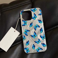 Hermosa funda de teléfono móvil de PC con estampado de mariposa azul y seda plateada para Iphone 8 X Xr Xs Max 11 12 13 14 15 16 17 Air