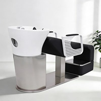 Nouveau style de fauteuil de lavage semi-allongé pour salon de coiffure, en acier inoxydable et céramique, avec bac profond, repose-pieds réglable et éponge haute densité