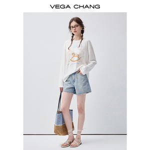 VEGA CHANG <span class=keywords><strong>Short</strong></span> en <span class=keywords><strong>jean</strong></span> décontracté à jambe large, taille haute, coupe droite, bleu clair à effet éclaboussures, avec poches symétriques pratiques - Product Image 4
