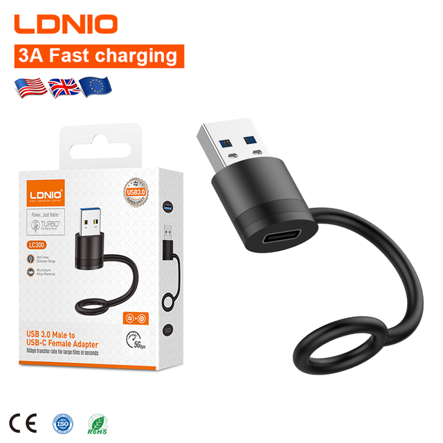 LDNIO LC300 3A Charging USB Data Transfer Converter USB Male to USB-C Female Adapter Supports Charging Output and Data Transfer