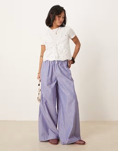 100% Cotton Summer Petite <strong>Shirred</strong> <strong>Waist</strong> <strong>Trousers</strong> for Ladies Stripe Line Plaid Wide Leg Breathable Sleepwear Pants for Daily Life - Product Image 1