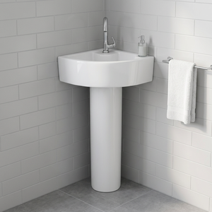 Lavabo de Pedestal Rectangular Moderno y Económico de Cerámica Blanca - Lavabo de Esquina para Baño de Hotel o Dormitorio - Product Image 1