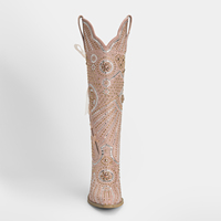 WETKISS Bottes Western à talon carré, hauteur genou, à lacets, style Loretta, avec strass roses, pour Cosplay