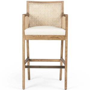 Tabouret de bar haut durable Antonia Cane Counter en polyester, lin, bois massif et fer forgé pour bar à domicile - Product Image 1
