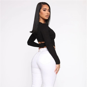 T-shirt tricoté à manches longues pour femme, col rond, coupe courte, ajouré, à nouer sur le devant, couleur unie, en fibre de polyester, pour l'été - Product Image 4