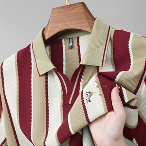 T-shirt d'été rayé à manches courtes et col en V, brodé, décontracté chic <span class=keywords><strong>pour</strong></span> homme, chemise de bureau, polo - Product Image 1