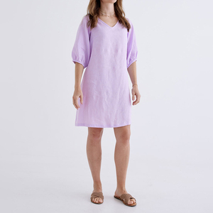 Nuovo Design estivo all'ingrosso <span class=keywords><strong>100</strong></span> in puro <span class=keywords><strong>lino</strong></span> eco-friendly tinta unita scollo a V vestito ampio da donna - Product Image 1