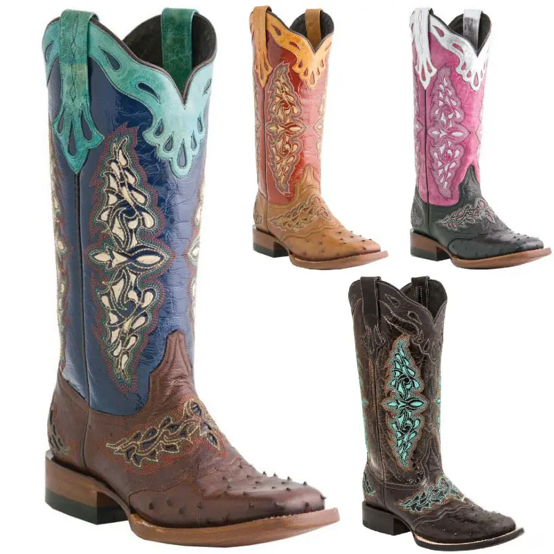 2023 Retro Embroidered Leather Western Cowboy Cowgirl Boots Knee High Square Toe Boot Women Men