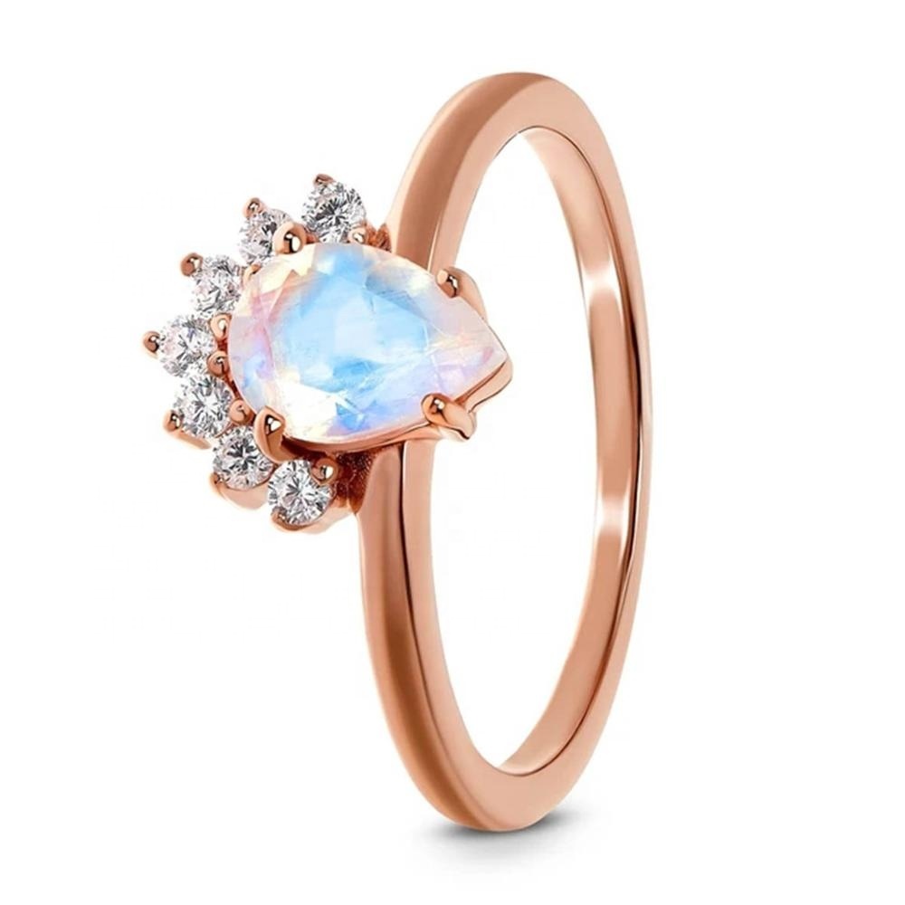 14kt oro rosa joyería de la piedra lunar con diamante corte Pera, anillo de piedra
