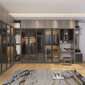 Dressing moderne sur mesure, armoire de rangement en bois avec porte en verre à cadre noir - Product Image 3