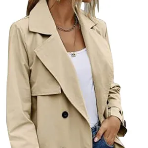 Casual Trench Coat Jacket Hot Women&#39;s Double-breasted Fashion Lining Plain Dyed Turtleneck Winter and Fall Woven Polyester