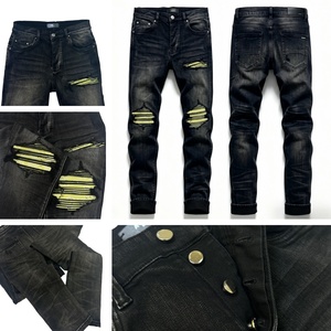 Premium Black Denim Jeans, Slim Fit, Yellow Paisley PU Lined Ripped, Heavy Washed, High Street Fashion Casual <strong>Pants</strong> for Men - Product Image 6
