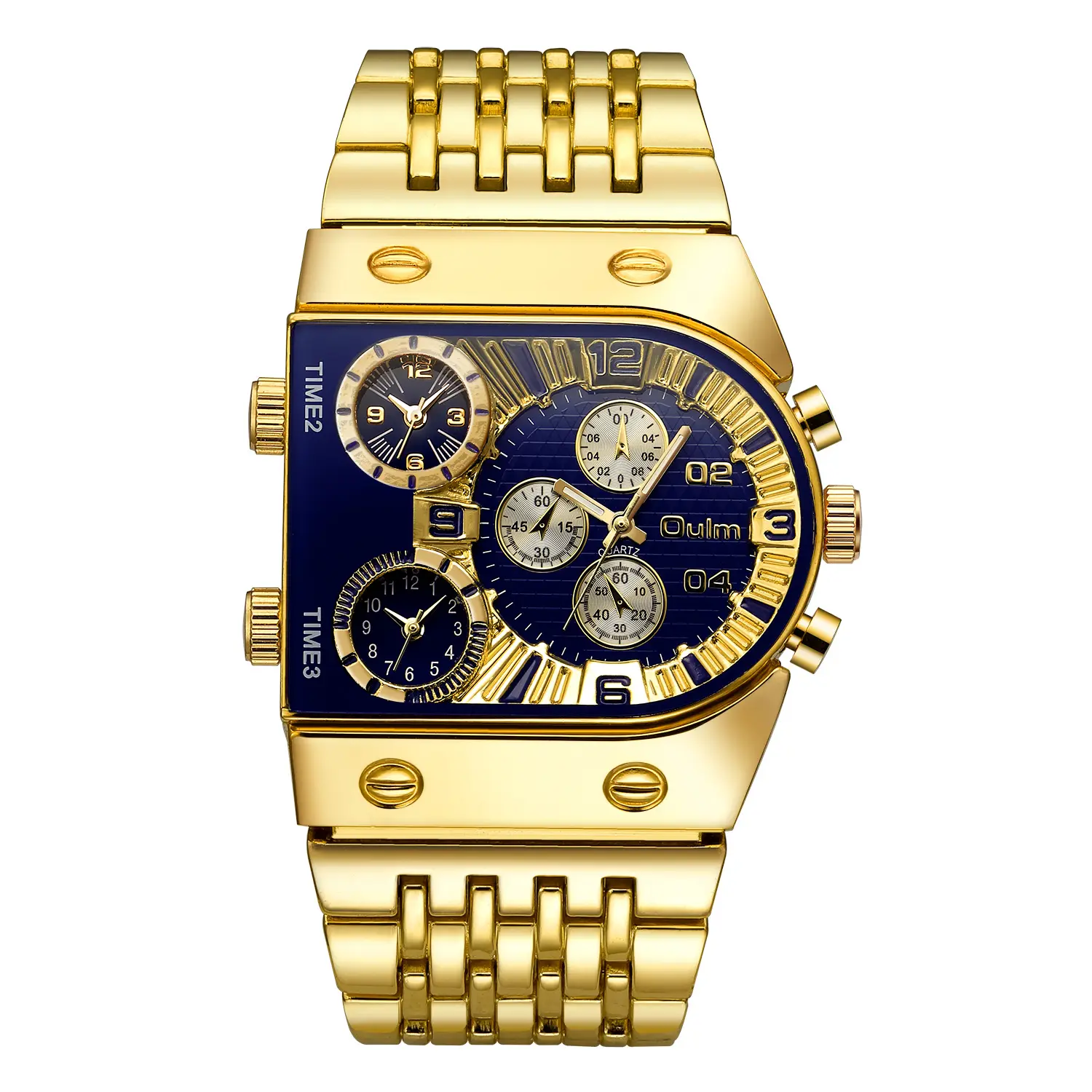 Orijinal altın D şekli ile büyük kadranlı saat zincir paslanmaz çelik kayış erkek kuvars saatler çok zaman dilimi lüks kol saati