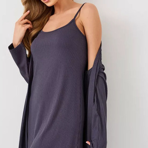 Ensemble de vêtements de nuit en tricot côtelé pour femmes, deux pièces, avec ourlet à volants et cardigan à manches longues, vert clair - Product Image 2
