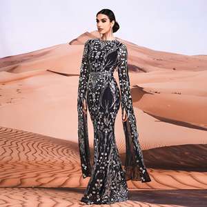 Collo a manica lunga Maxi paillettes Hijab arabo <span class=keywords><strong>Istanbul</strong></span> marocchino turco Dubai musulmani modesti abiti da sera da donna - Product Image 1