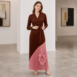 Vestido de Mujer de Buena Calidad, Estilo Blazer, Apliques Florales en 3D, Cintura Cruzada, Vestido Maxi con Bloques de Color, Vestido Plisado Miyake - Product Image 4