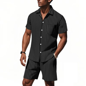 <span class=keywords><strong>Completo</strong></span> Estivo da <span class=keywords><strong>Uomo</strong></span> in <span class=keywords><strong>Lino</strong></span> a Righe, 2 Pezzi: Camicia a Maniche Corte con Bottoni e Pantaloncini da Spiaggia con Elastico in Vita - Product Image 6