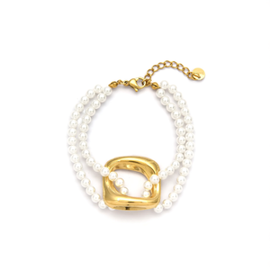 Pearl <b>Bracelet</b> With <b>Gold</b> Plated Stainless Steel Clasp Double Strand White <b>Beads</b> Jewelry For Women - Product Image 2