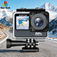 DLC 5K Stabilisation gyroscopique 6 axes Écran double avant-arrière étanche 30M WiFi Zoom 2x-7x pour ski, cyclisme, plongée, vlog en extérieur