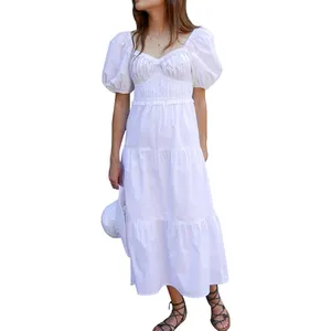 夏季新款女士方领白色府绸休闲中长裙