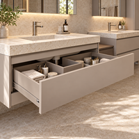 Ensemble de meuble-lavabo mural flottant minimaliste et chaleureux avec double vasque, miroir LED et tiroirs à fermeture douce