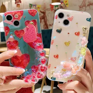 प्यारा प्यार दिल कंगन कलाई श्रृंखला मामले iphone के लिए 13 12 14 प्रो मैक्स मिनी 11 XR X XS 7 8 प्लस 6 एस SE3 ब्लू-रे आईएमडी फोन के मामले में
