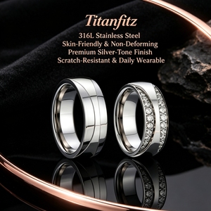 Titanfitz 1 쌍 절대 퇴색하지 않는 웨딩 밴드 항 알레르기 316l 스테인레스 스틸 약속 커플 반지 여성 더블 행 지르코니아 - Product Image 6