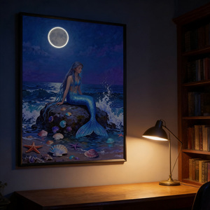 Décoration murale de salle de bain, image de paysage marin de sirène imprimée <span class=keywords><strong>sur</strong></span> toile, art mural pour chambre à coucher, salon, sirène bleue dans la lumière de la lune - Product Image 1