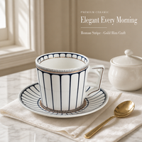 Tasse à café et soucoupe en porcelaine fine à rayures bleues vintage 200 ml, avec bordure dorée de luxe, ensemble de tasses à thé pour la maison, le bureau, un cadeau de mariage