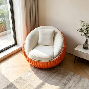 Sillón individual de fibra de vidrio naranja con nervaduras verticales, cojín de bouclé color crema, redondo y cerrado, para sala de estar - Product Image 2