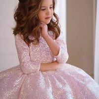 Robe fille été rose col en O manches longues paillettes moelleux maille dentelle mode robes de fête d'anniversaire pour enfants