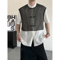 Chemise décontractée pour homme à col montant style chinois, manches courtes, blocs de couleur, avec boutons grenouille, respirante, en tissu transparent et empiècements