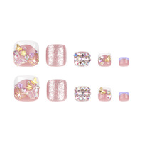 Ongles d'orteils artificiels 3D papillon à presser, rose French manucure avec strass pour femme, été plage
