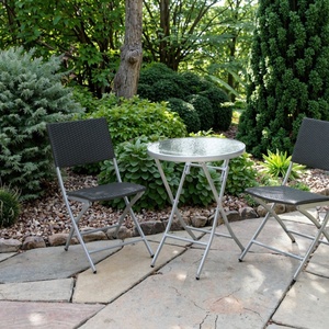 Leisure Modern Steel <b>Foldable</b> Round Glass Coffee Dining Patio <b>Table</b> With Portable Design for Courtyard & Park Use - Product Image 3