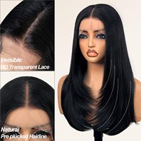 Perruque synthétique sans colle avec dentelle frontale, 26 pouces, noire, pour femmes, dentelle HD 13x5x1, nouée à la main, pré-épilée # 1B Naturel