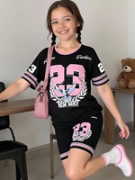 Ensemble de survêtement à manches courtes pour filles 2026, noir et rose, avec imprimé lettres 23 Dove, tenue décontractée sportive pour enfants (T-shirt et short)
