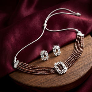 Silver Plated Hydro Bead Choker <b>Necklace</b> Set Maroon <b>Ruby</b> Red Multi Layer Crystal Beads Collar <b>Necklace</b> with CZ Stud Earrings - Product Image 1