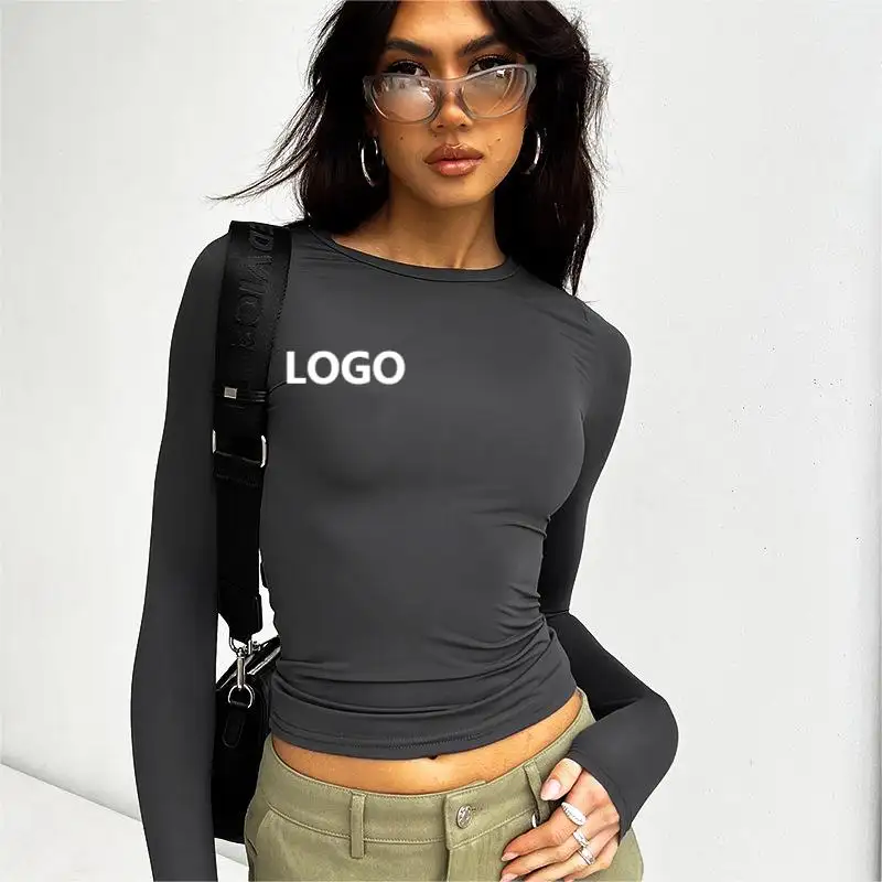 New Spring Custom Logo casual ladies all-purpose T-shirt solid color vests round neck long sleeve women's tops