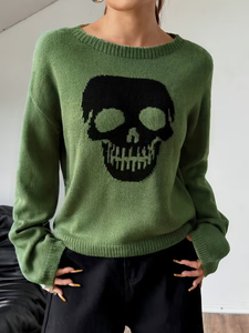 Pull en tricot à motif crâne pour femme, hiver 2026, col rond, coupe oversize, 100% acrylique, style grunge - Product Image 1