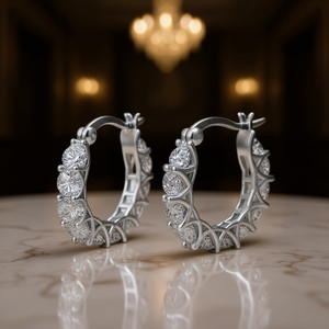 Orecchini a Cerchio Classici in Oro Bianco con Diamanti Taglio Brillante Rotondo, Design Geometrico con Incastonatura a Griffe, Gioielli da Sposa in Rame per Donna E807 - Product Image 2