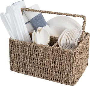 SF Hand Woven Water Hyacinth Cutlery Basket for Countertop with Handle Wicker Flatware Organizer