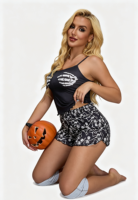 Pyjama sexy pour femmes, haut de pyjama sans manches à imprimé main de squelette, short à volants à motif de crâne, ensemble décontracté pour femmes à porter à la maison