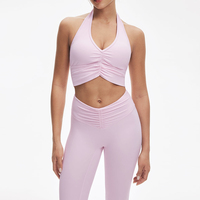 Ensemble de yoga OEM personnalisé pour femme, avec col licou, leggings froncés à taille en V et effet ventre plat, et soutien-gorge à maintien léger, pour le sport et l'entraînement