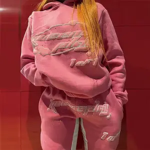 Ensemble deux pièces de streetwear broderie personnalisée impression bouffante logo lavage à l'acide survêtement ensemble de survêtement pour femmes ensemble de sweat à capuche pour femmes