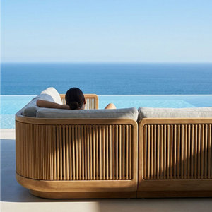 Muebles de Jardín Curvos de Teca Contemporáneos de Alta Gama, Resistentes al Agua, Juego de Sofás Modulares de Olefina para Exteriores, para Villa - Product Image 5