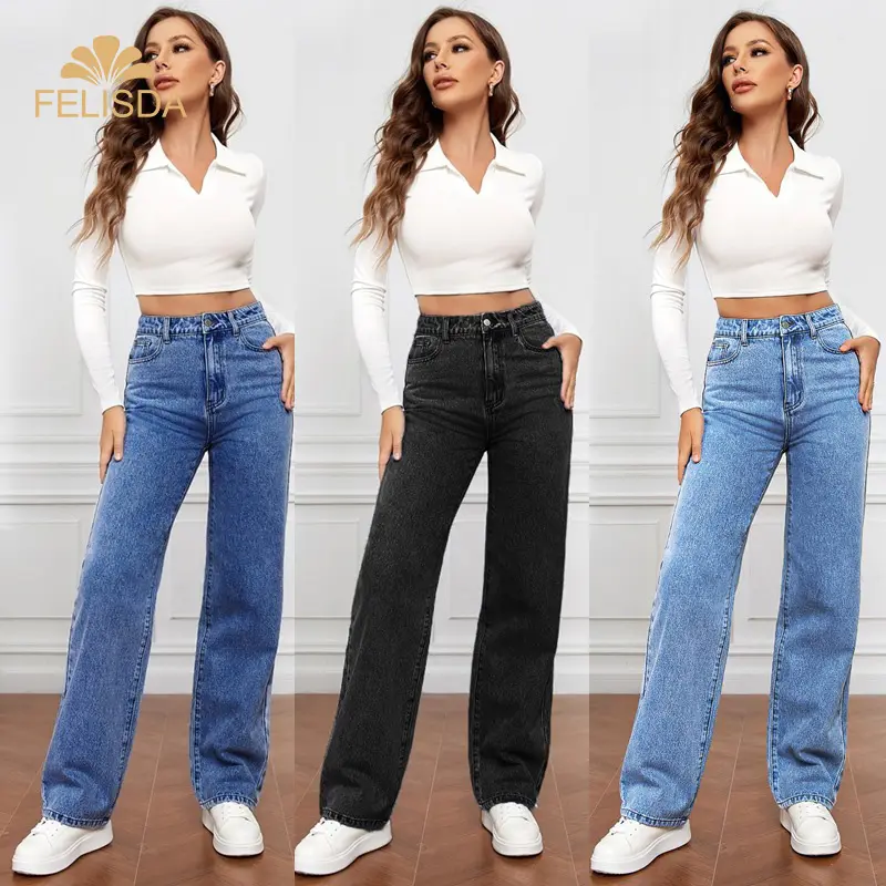 Calça jeans feminina estilo europeu, cintura alta, bolsos soltos, roupa de rua básica, calça jeans azul