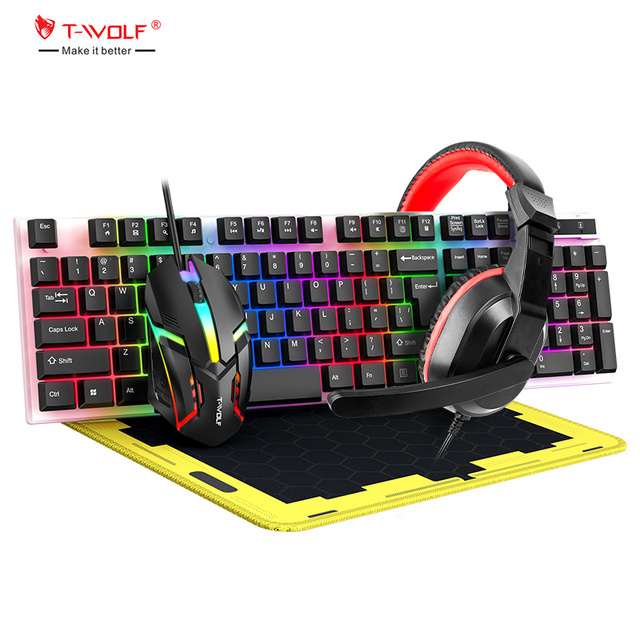 T-WOLF 4IN1 TF240 Rgb Backlight Keyboard Arabic Backlit Wired Gaming Mouse Combo Gamer Earphone Mouse Pad for Pc Gaming Office