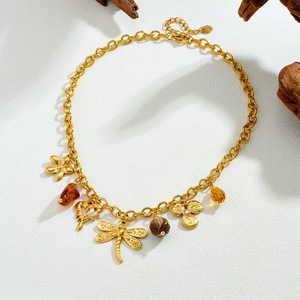 Collana con Ciondolo in Acciaio Inossidabile con Pietra Marrone, Libellula, Fiore, Cuore, Placcata Oro, Gioielli alla Moda Anti-Appannamento - Product Image 4