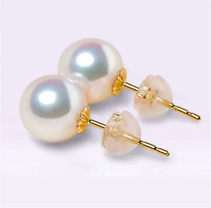 18K pure solid yellow gold 7-7.5mm 3a genuine real sea water Japanese akoya pearl earings earrings