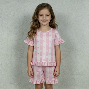 Conjunto de Ropa para Niñas Pequeñas, Estilo Coqueta, con Lazos Rosas y Volantes, Manga Corta y Pantalones Cortos, Venta al Por Mayor, Nueva Llegada, Gran Oferta - Product Image 1